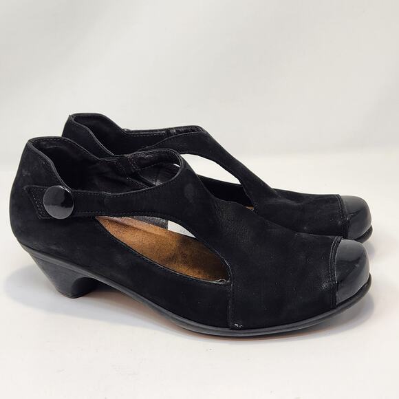 Naot Black Nubuck Patent Leather Cap Toe Pumps Size 39 US 8 Comfort Heels Tstrap - Picture 1 of 8